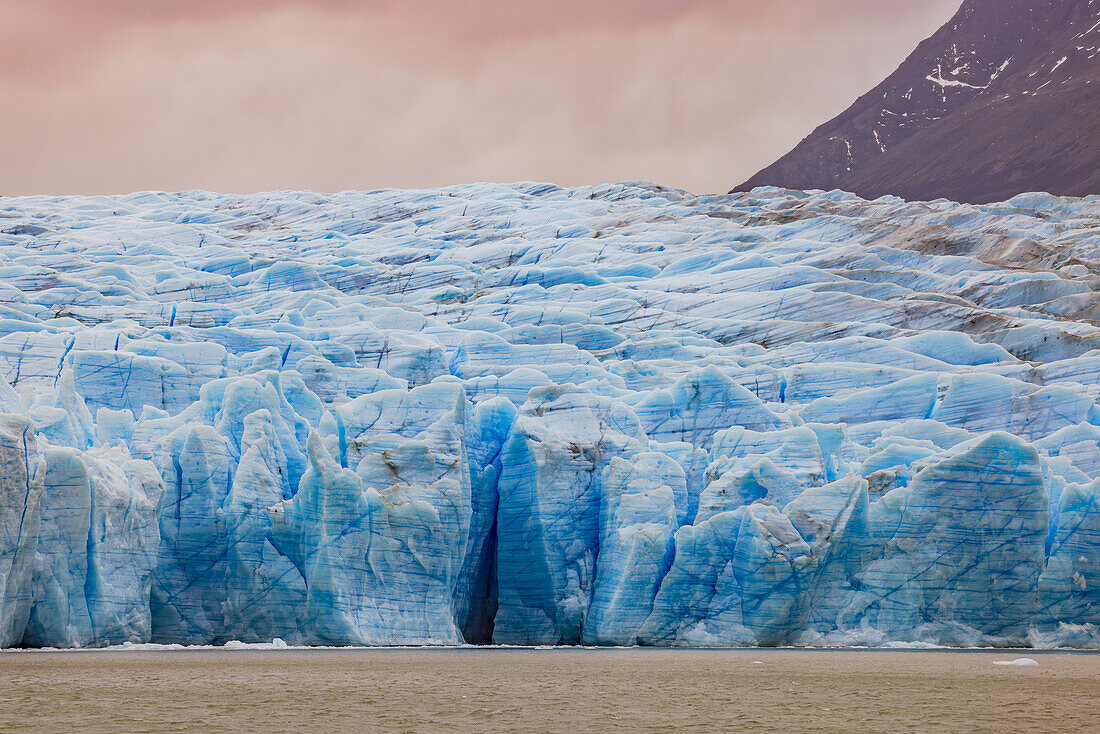 Die kalbende Front des Grey Gletschers mit hellblauem Eis sowie Rissen und Spalten bei stimmungsvollem Licht, Torres del Paine Nationalpark, Chile, Patagonien