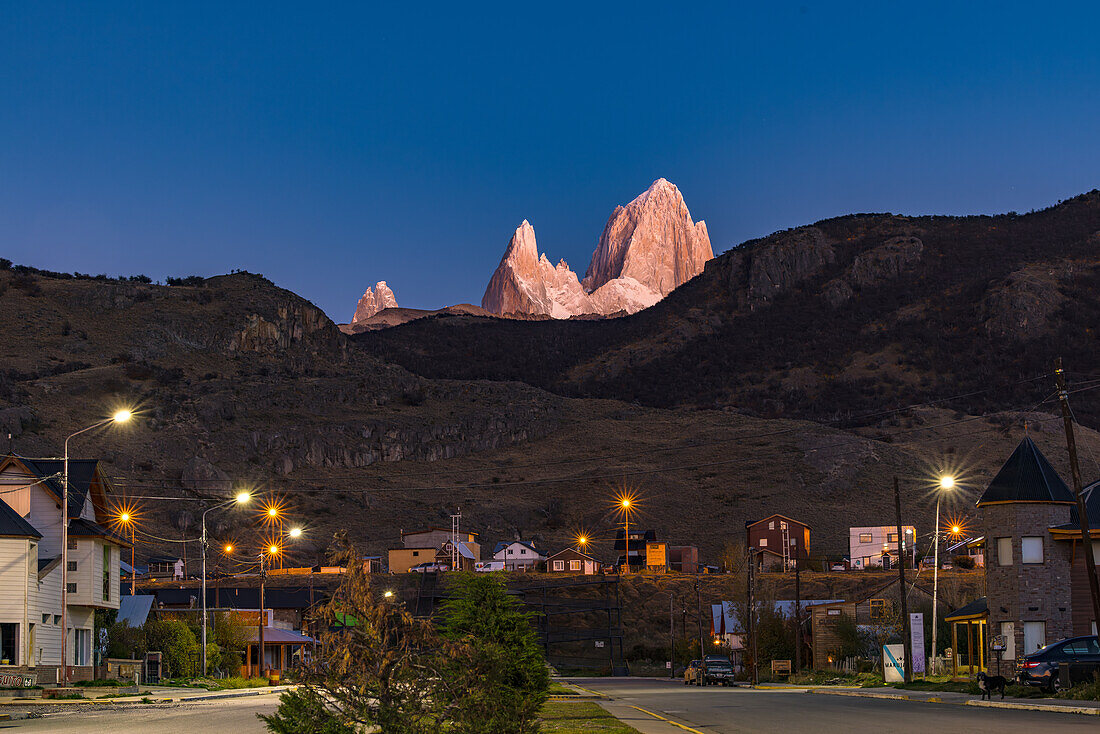 Spectacular view of the well-known Mount Fitz Roy before sunrise from the village of El Chalten, Argentina, Patagonia