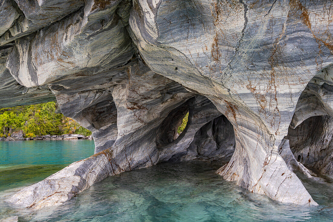 Fascinating structures and cavities in the marble of the Capillas de Marmol in the clear waters of Lago General Carrera in Southern Chile, Patagonia