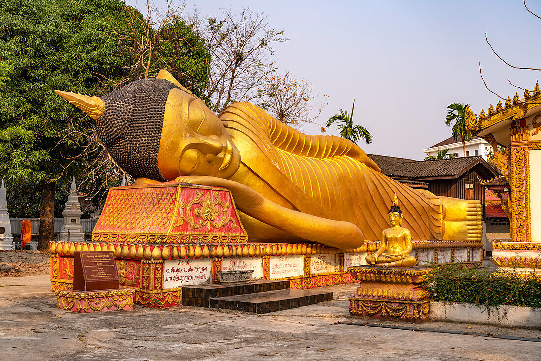 Huge reclining Buddha at Wat That Khao temple in the capital Vientiane, Laos, Asia