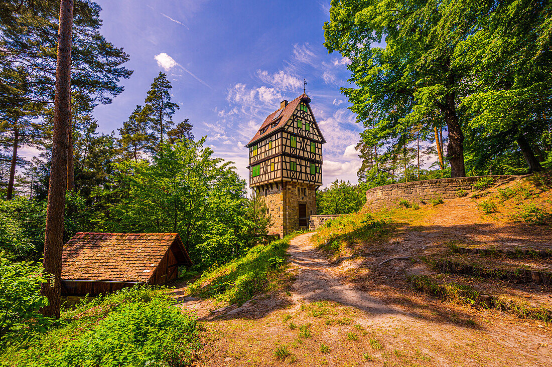 Der Herzogstuhl auf der Jagdanlage Rieseneck bei Sonnenschein im Sommer, Kleineutersdorf, Thüringen, Deutschland