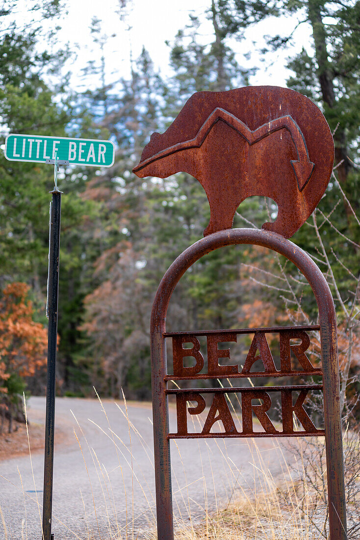 Corrugated metal entry sign for Bear Park near Cloudcroft, New Mexico.