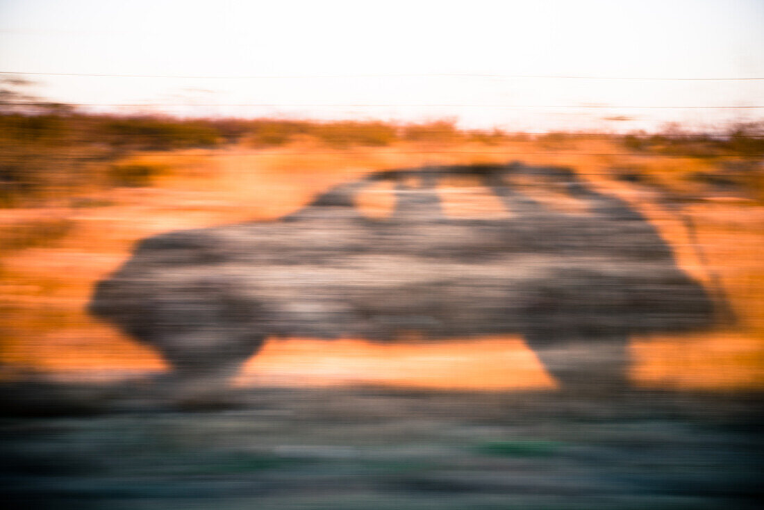 Der Schatten von einem Auto wird auf den Straßenrand in der Nähe des White Sands National Monument in New Mexico projiziert.