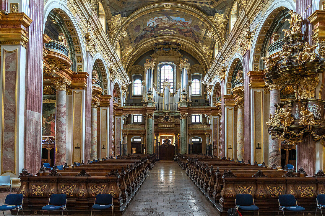 Interior and church organ of the Jesuit Church in Vienna, Austria, Europe