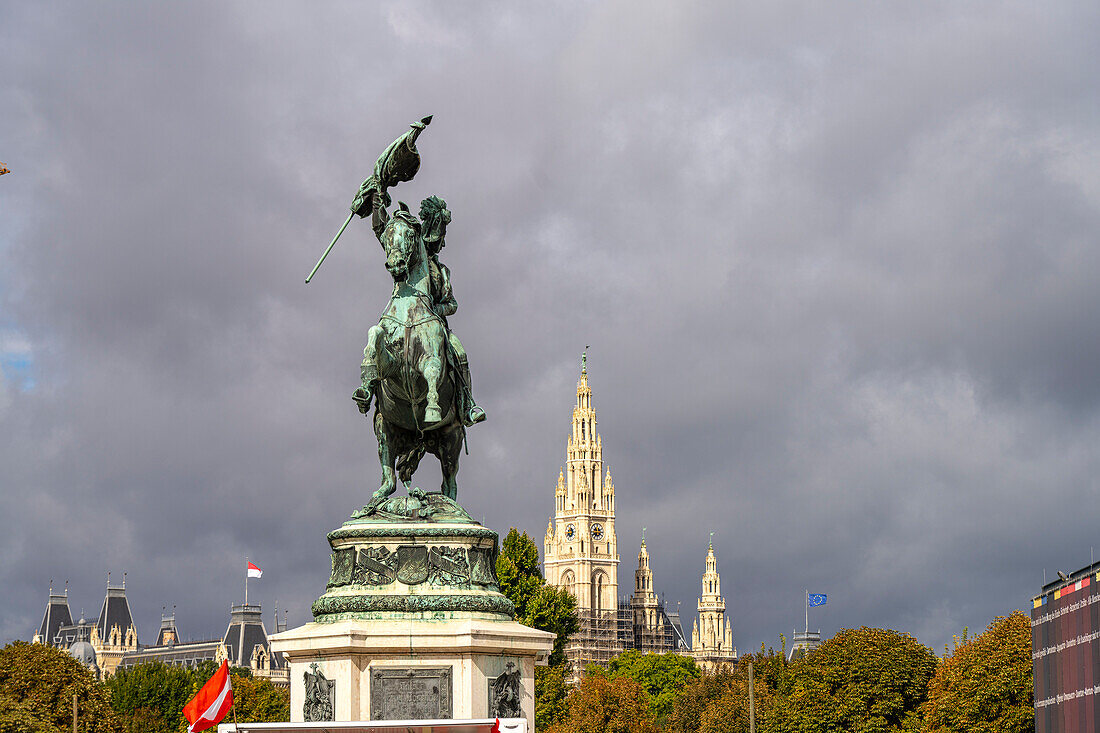 The equestrian statue of Archduke Karl on Heldenplatz and the City Hall in Vienna, Austria, Europe