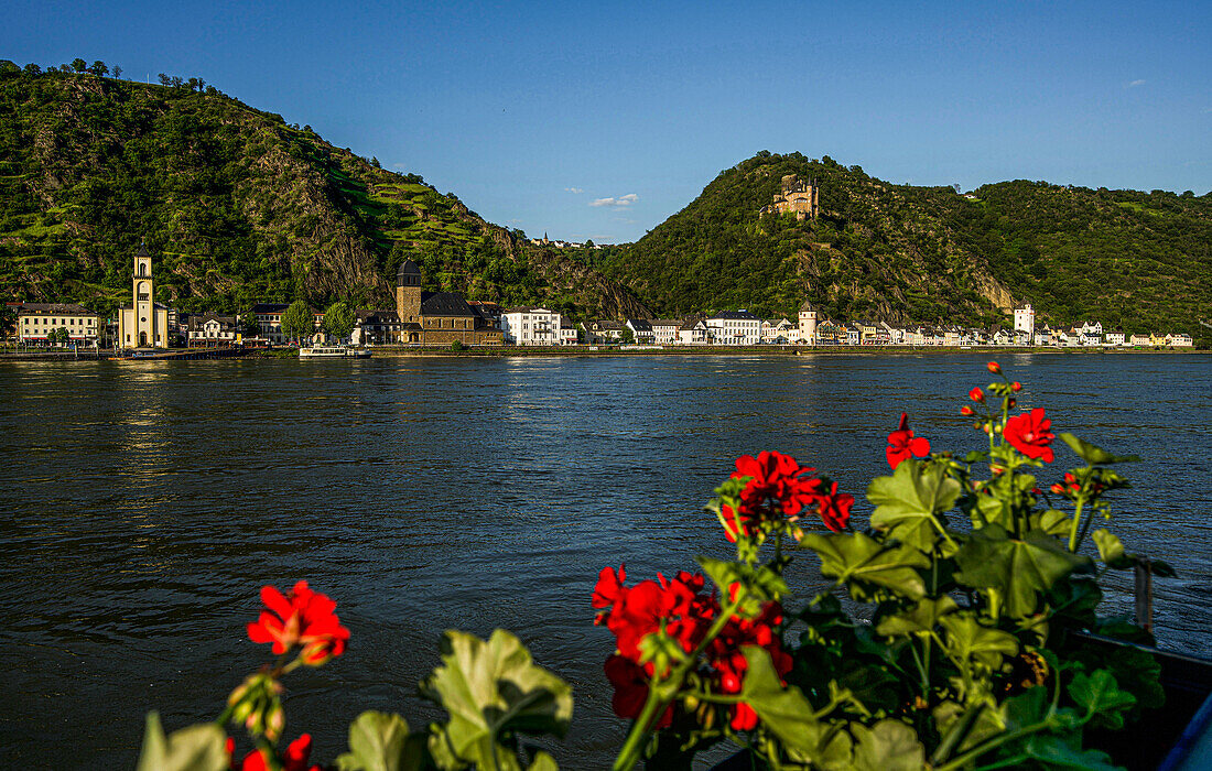 View from the Rhine promenade in St. Goar over the Rhine to the old town of St. Goar and Katz Castle, Upper Middle Rhine, Rhineland-Palatinate, Germany