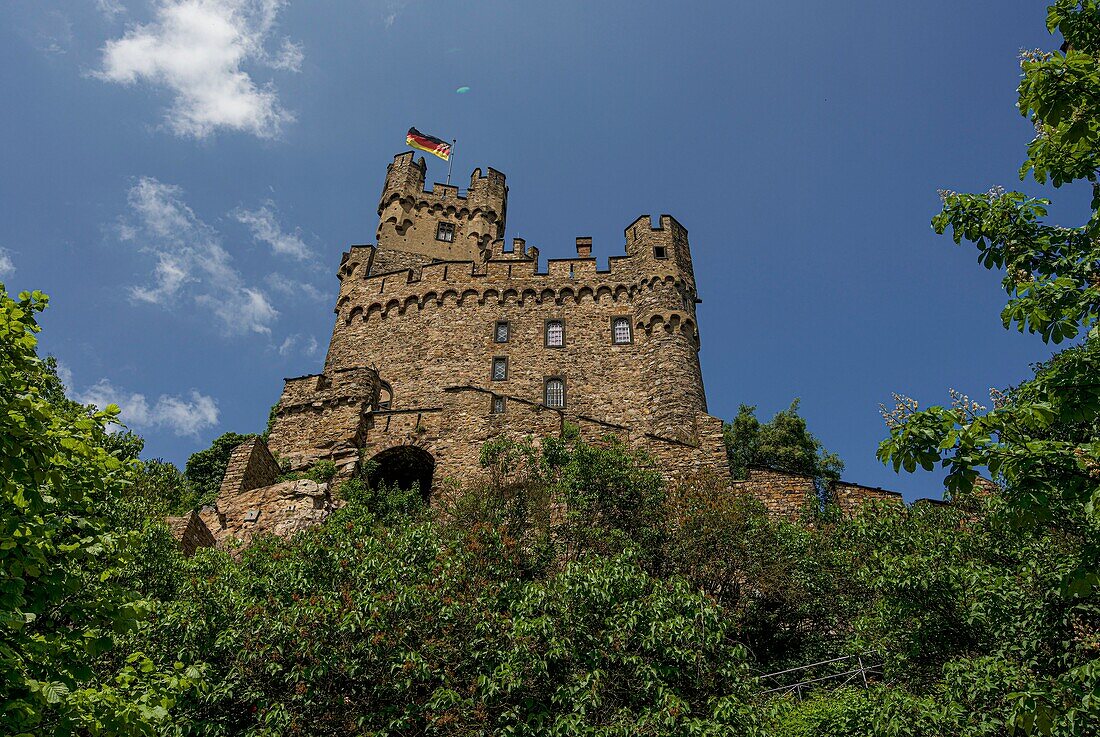 Burg Sooneck, Blick vom Garten zur Kernburg, Niederheimbach, Oberes Mittelrheintal, Rheinland-Pfalz, Deutschland