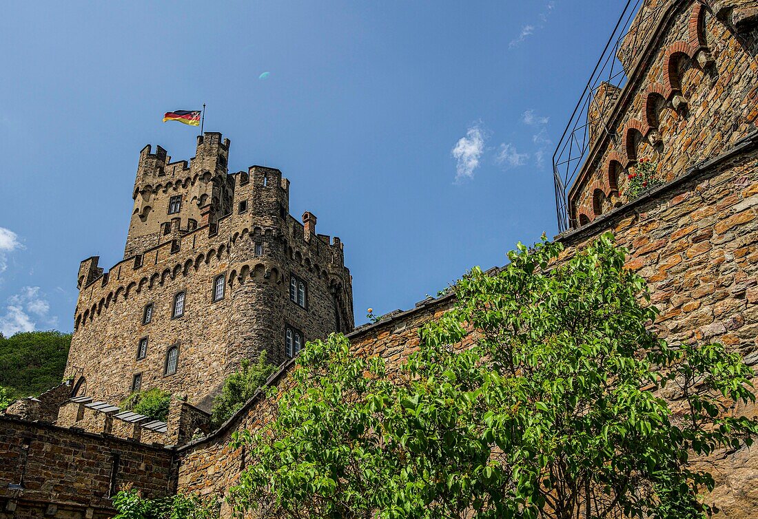 Burg Sooneck, Blick zur Kernburg mit wehender Flagge, Niederheimbach, Oberes Mittelrheintal, Rheinland-Pfalz, Deutschland