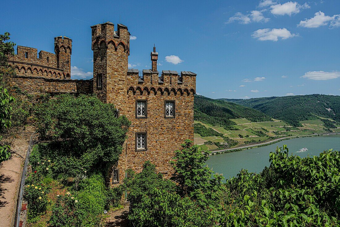 Sooneck Castle, view of the outer bailey and a pleasure boat on the Rhine, Niederheimbach, Upper Middle Rhine Valley, Rhineland-Palatinate, Germany