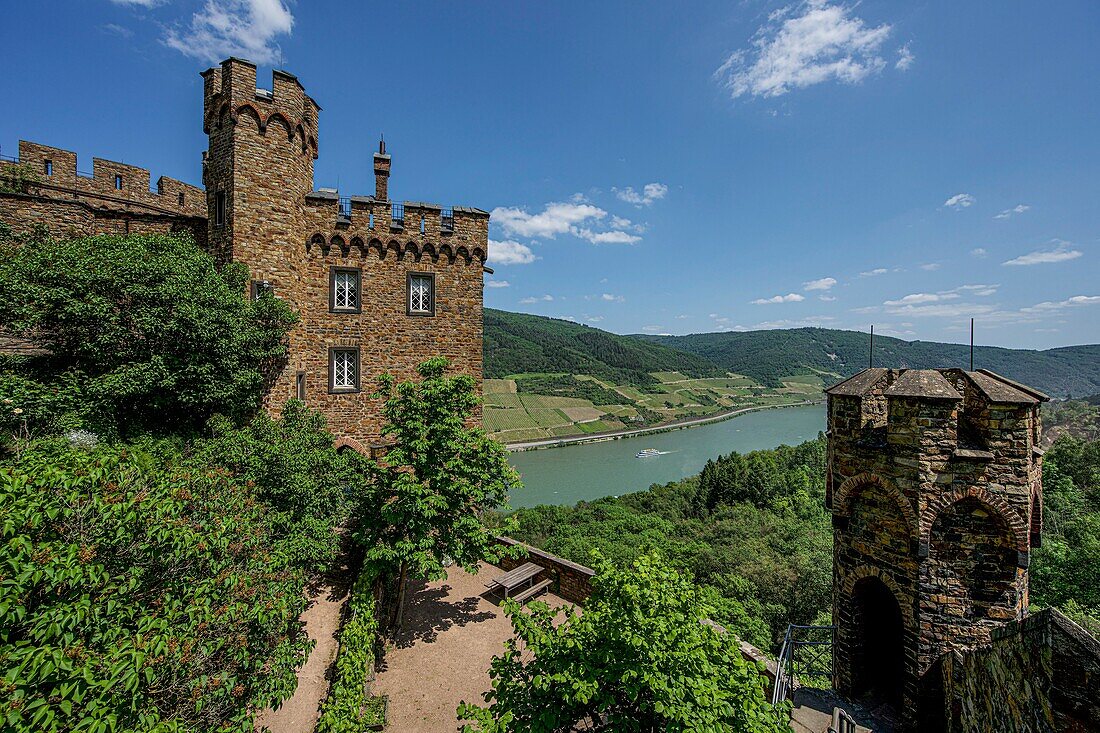 Burg Sooneck, Blick auf die Vorburg und den Rhein, Niederheimbach, Oberes Mittelrheintal, Rheinland-Pfalz, Deutschland