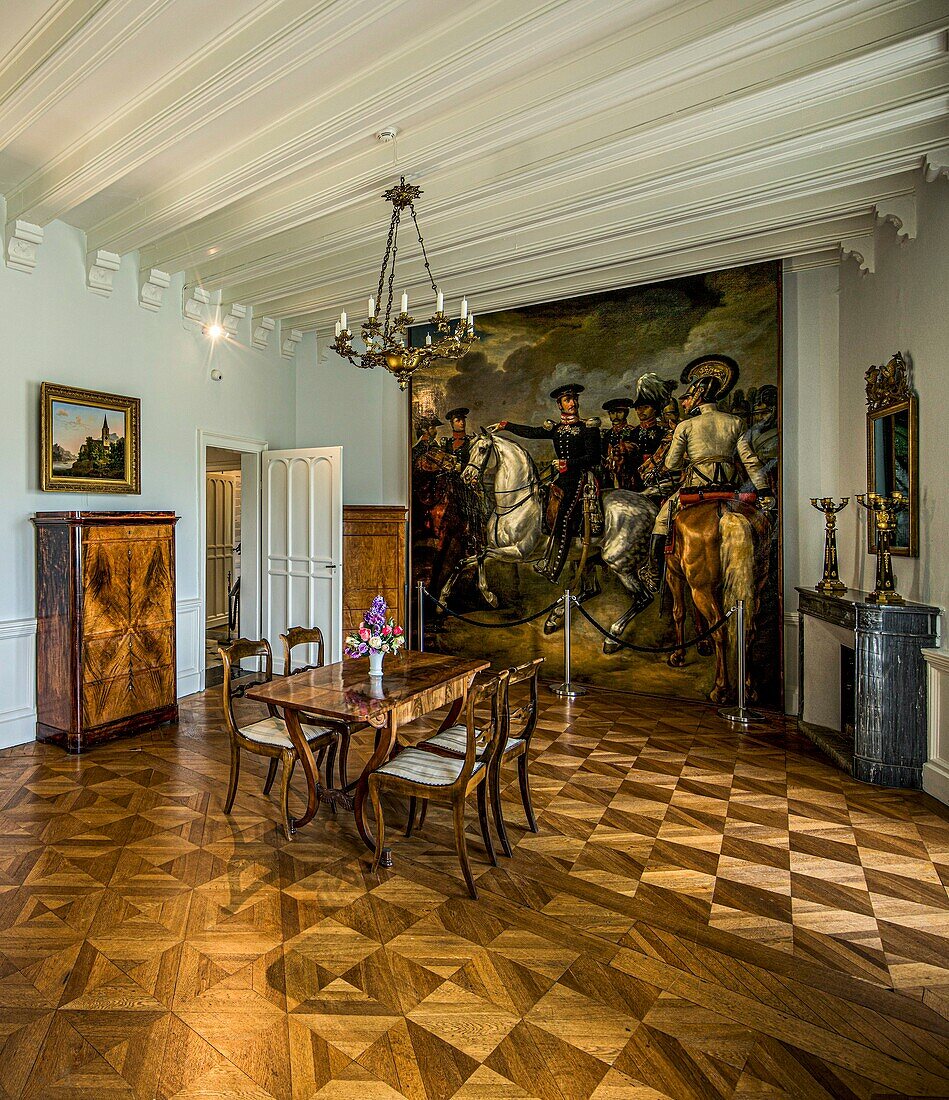 Burg Sooneck, Speisesaal in der Kernburg, Gemälde mit  Prinz Friedrich Wilhelm III. und Friedrich Wilhelm IV., Niederheimbach, Oberes Mittelrheintal, Rheinland-Pfalz, Deutschland