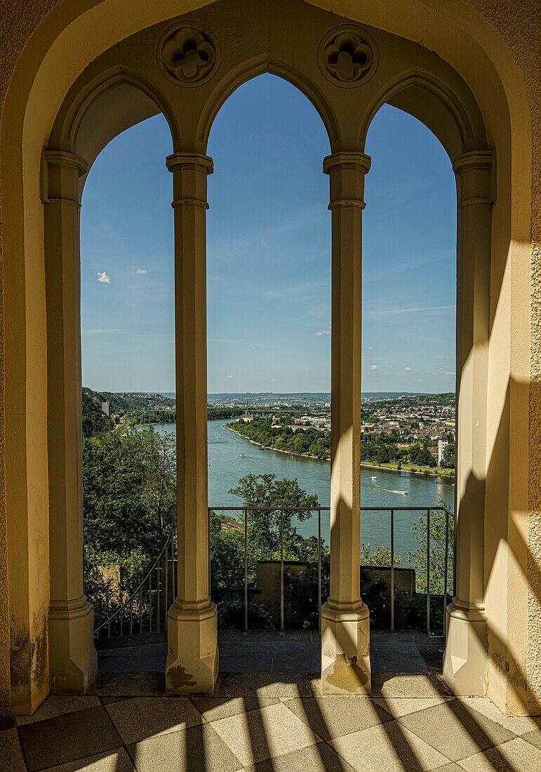 Stolzenfels Castle, view through a neo-Gothic portal to boats and ships on the Rhine, Koblenz, Upper Middle Rhine Valley, Rhineland-Palatinate, Germany