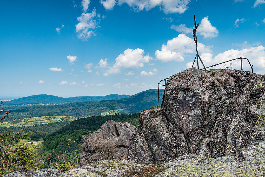 View from the summit and summit cross of the Lautenfelsen, Gernsbach, Black Forest, Baden-Württemberg, Germany