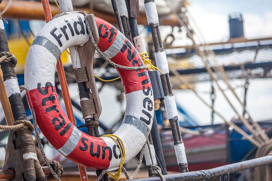 Lifebelt from the sailing ship Fridtjof Nansen (1919) in the port of Wismar, Mecklenburg-West Pomerania, Baltic Sea, Northern Germany, Germany