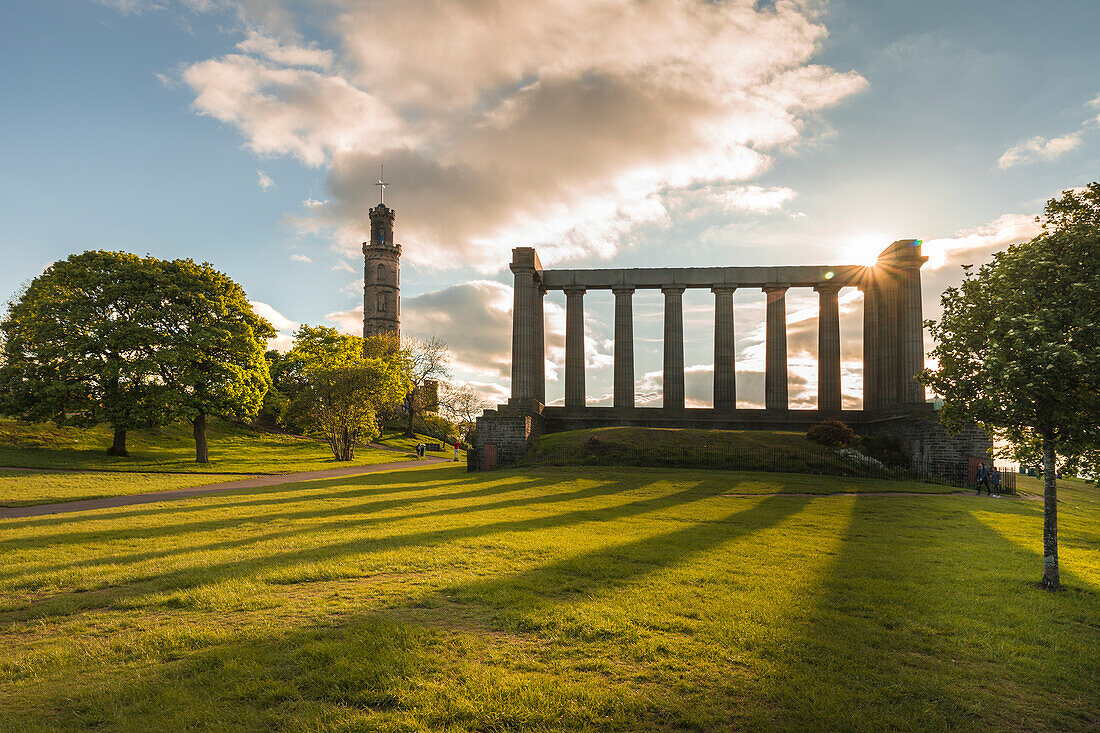 National Monument of Scotland and Nelson Monument on Carlton Hill, Edinburgh, City of Edinburgh, Scotland, UK