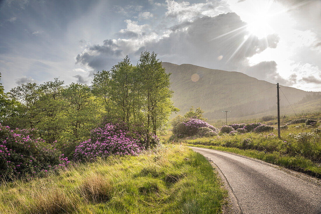 Landstraße mit Regenschauer im Glen Etive, Highlands, Schottland, Großbritannien