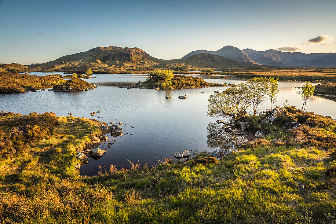 Evening light at Lochan na h-Achlaise, Rannoch Moor, Argyll and Bute, Scotland, UK