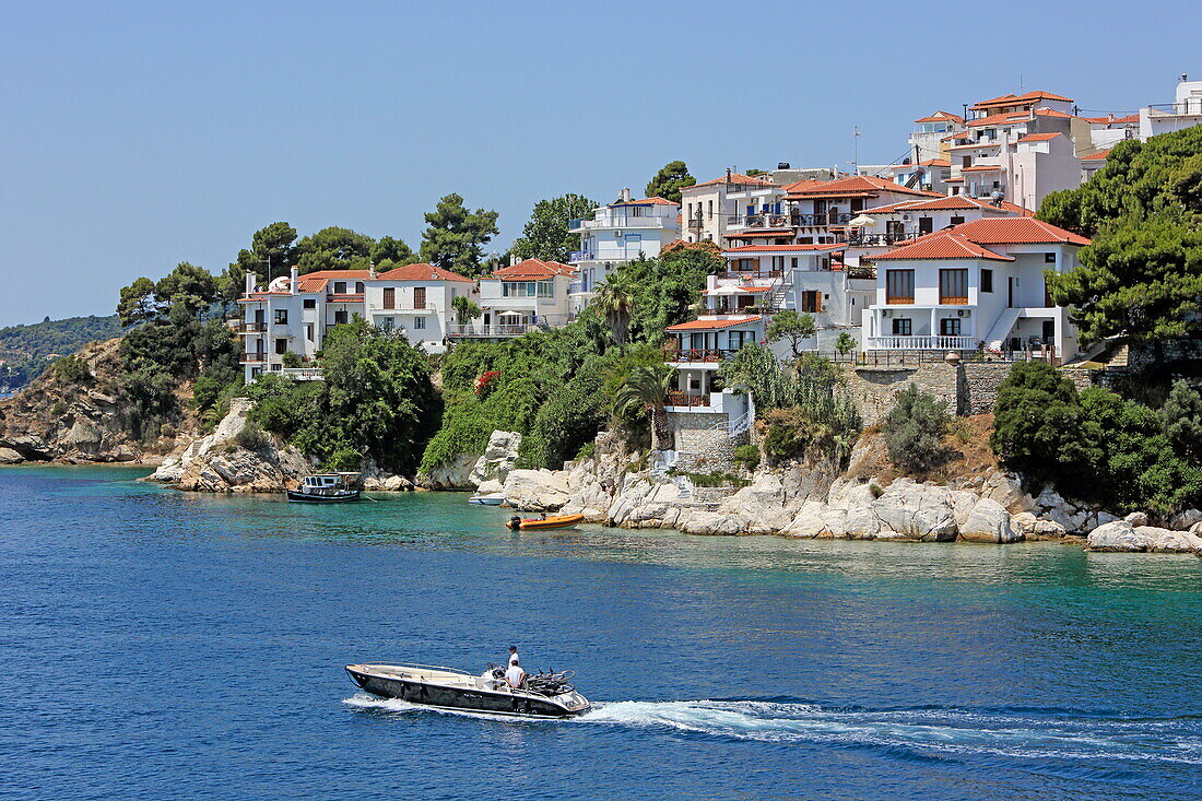 View from the Bourtzi peninsula towards the entrance of the port of Skiathos town, Skiathos island, Northern Sporades, Greece