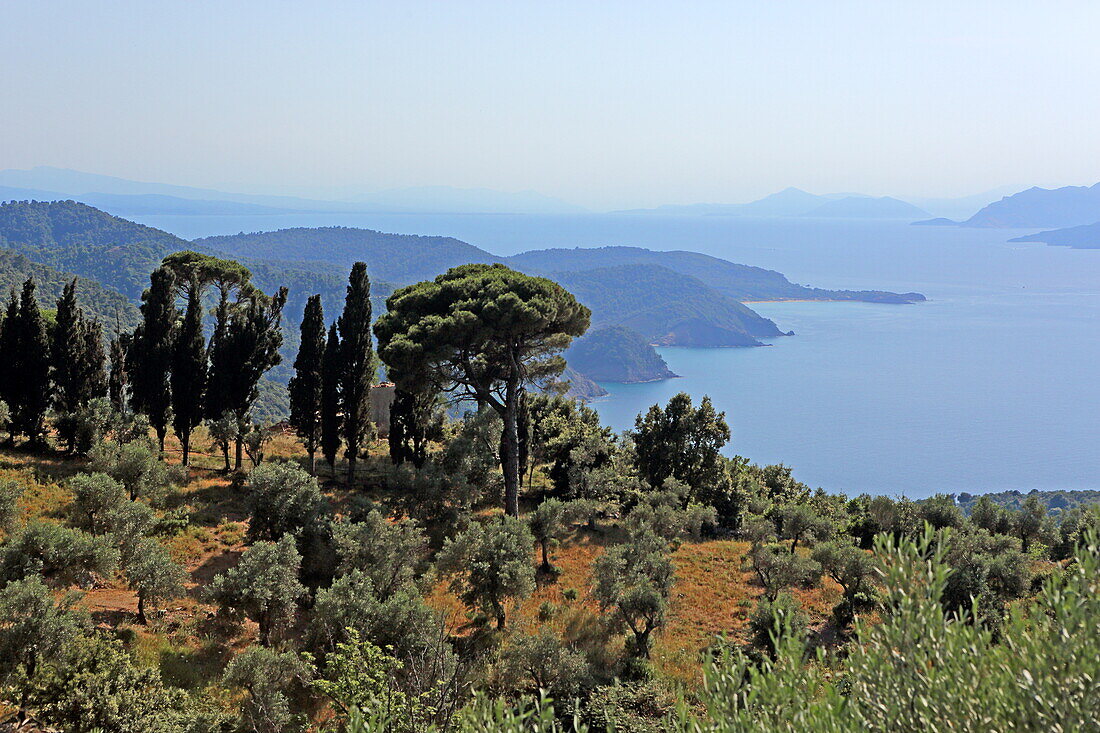 Blick über die Nordküste der Insel Skiathos, Nördliche Sporaden, Griechenland