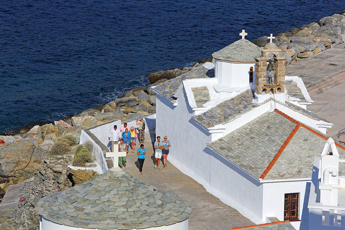 Dome of Ieros Naos (Holy Temple) at the port entrance of Skopelos town, Skopelos island, Northern Sporades, Greece