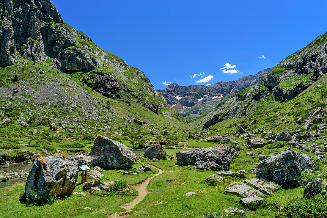 Hiking trail leading through boulders to the Cirque d'39; Estaube, Gavarnie, Pyrenees National Park, UNESCO World Heritage Site Monte Perdido, Pyrenees, France