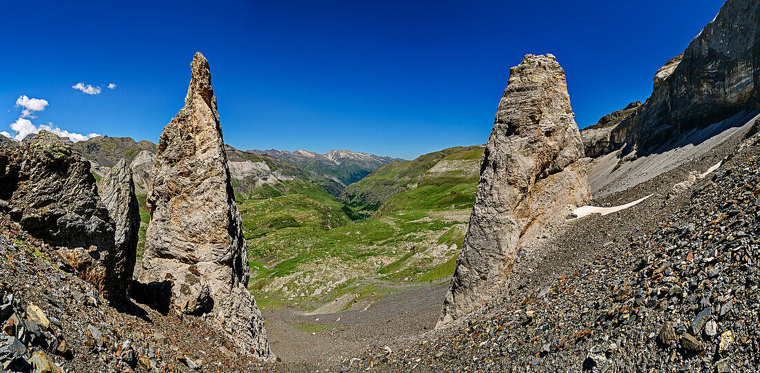 Panorama with two rock towers in the Cirque de Troumouse, Gavarnie, Pyrenees National Park, Monte Perdido UNESCO World Heritage Site, Pyrenees, France
