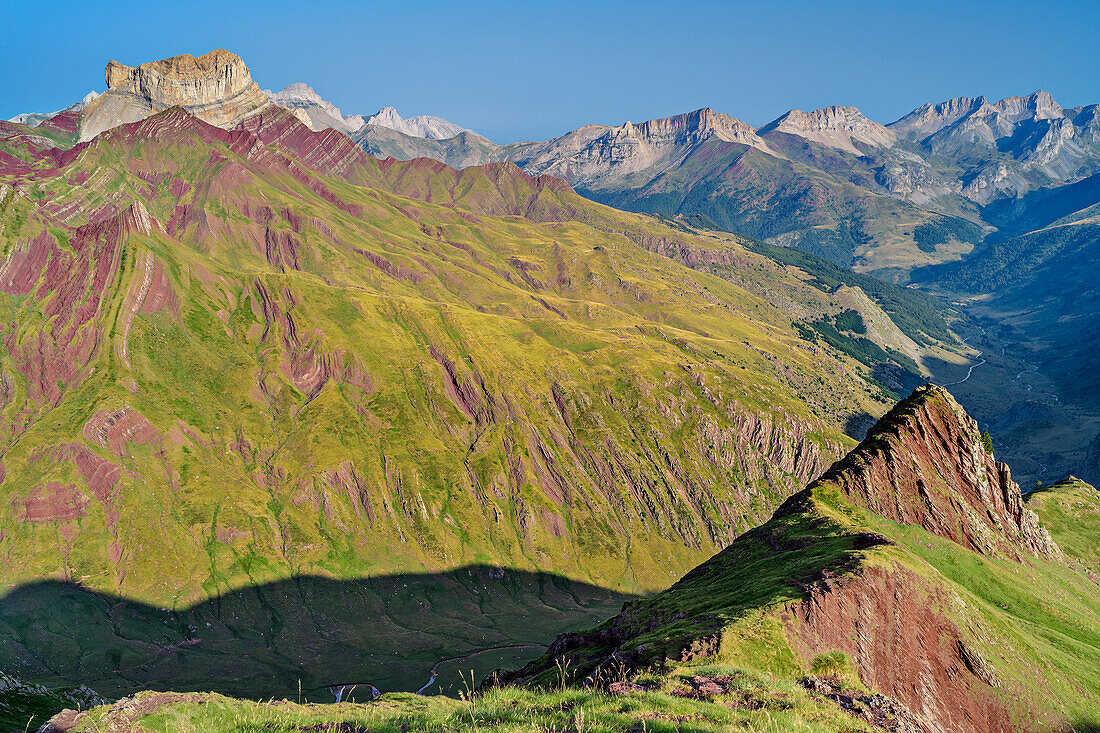 Castillo d'39; Acher with dark red rock bands, Valle de Hecho, Huesca, Pyrenees, Aragon, Spain