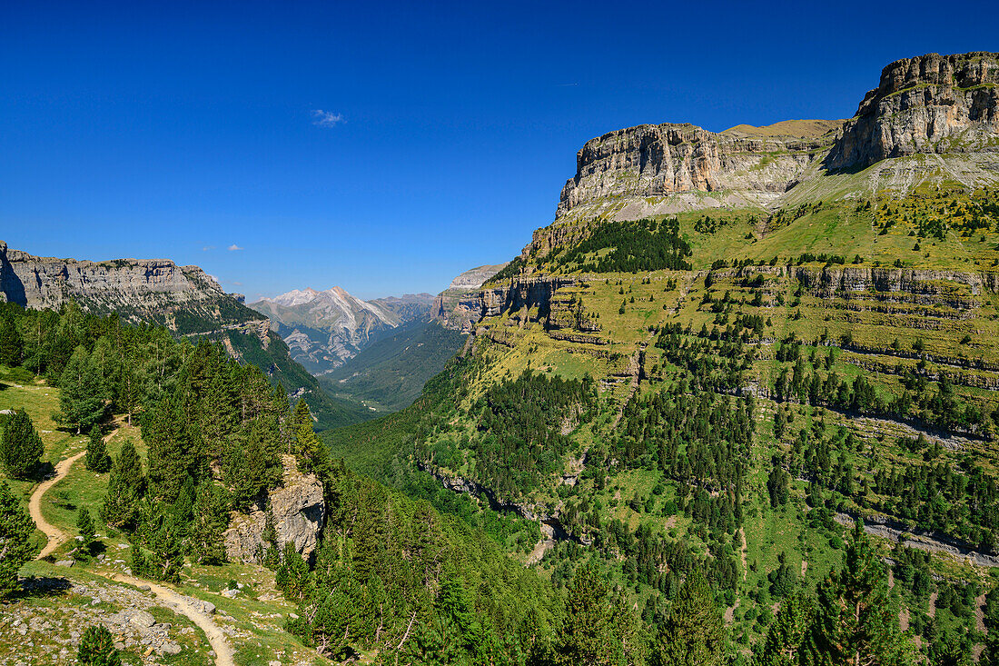 Deep view of the Spanish Grand Canyon in the Ordesa Valley, Rio Arazas Valley, Ordesa Valley, Ordesa y Monte Perdido National Park, Ordesa, Huesca, Aragon, Monte Perdido UNESCO World Heritage Site, Pyrenees, Spain