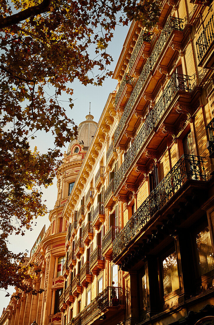 Early morning light over apartment buildings in Barcelona Spain