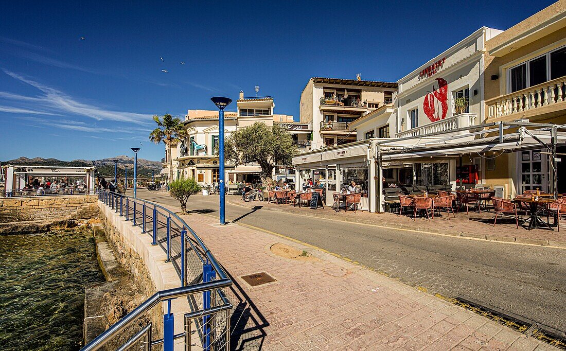 Restaurants on the harbor promenade of Port d'Andratx, Mallorca, Spain