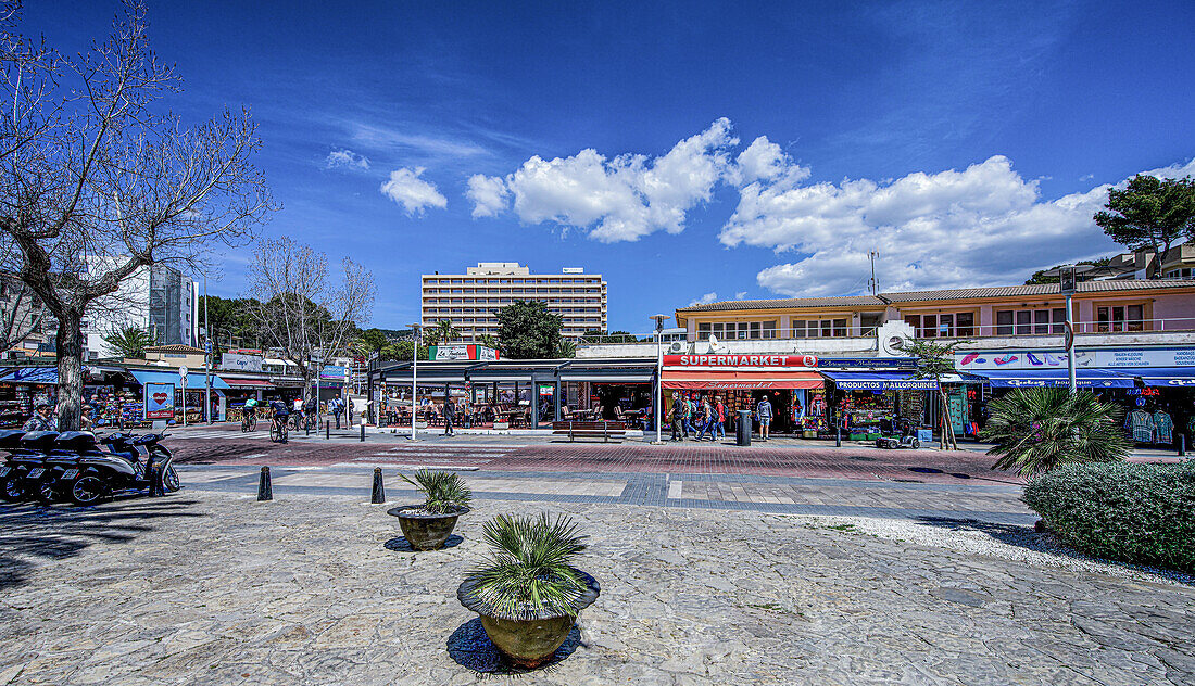 View to the Bulevar de Palmira, in the background the Grandhotel Valentin Reina, tourist area of Paguera, Mallorca, Spain