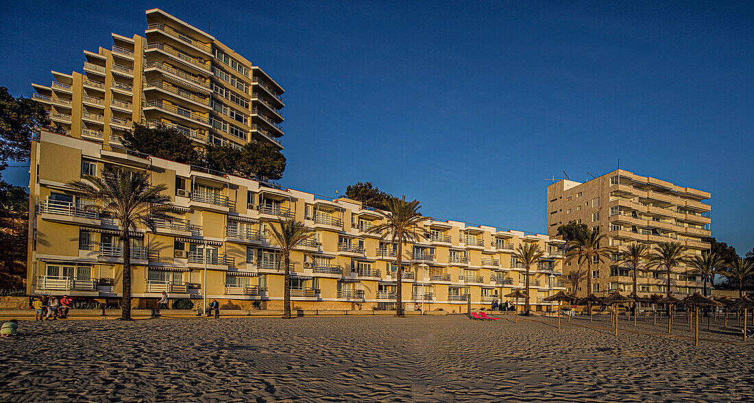 Appartementhäuser am Strand Platja Palmira im Abendlicht,  Peguera, Cala Fornells, Mallorca, Spanien