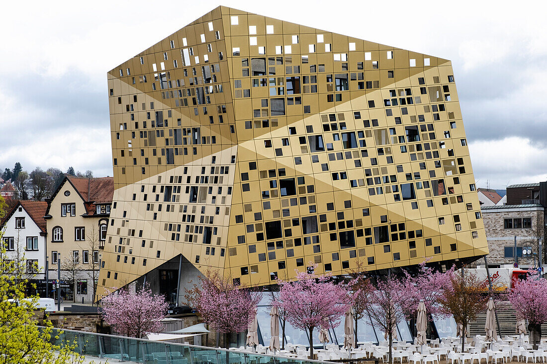 View of the Gold and Silver Forum during the cherry blossom season, Schwäbisch Gmuend, Baden-Wuerttemberg, Germany, Europe