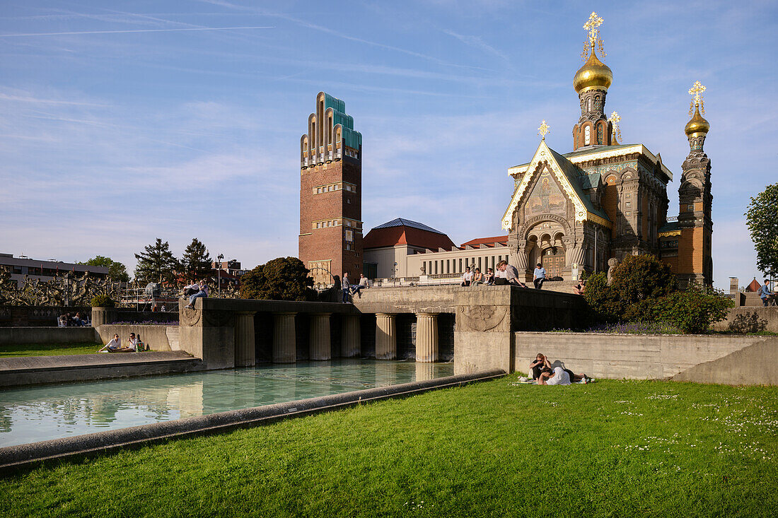 UNESCO Welterbe Mathildenhöhe Darmstadt, Hochzeitsturm und russisch-orthodoxe Kirche, Künstlerkolonie, Hessen, Deutschland, Europa