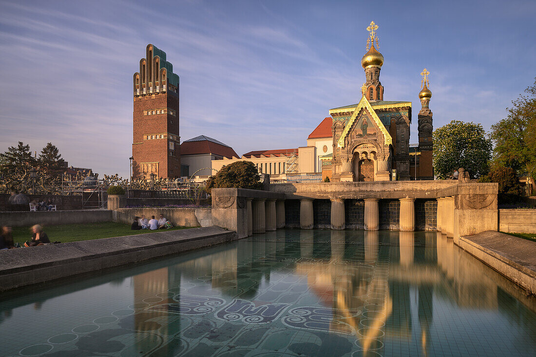 UNESCO Welterbe Mathildenhöhe Darmstadt, Hochzeitsturm und russisch-orthodoxe Kirche, Künstlerkolonie, Hessen, Deutschland, Europa