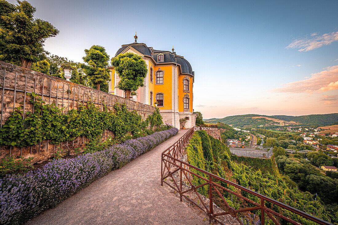 View of the rococo castle in the castle grounds of the Dornburg Castles near Jena, Dornburg-Camburg, Thuringia, Germany