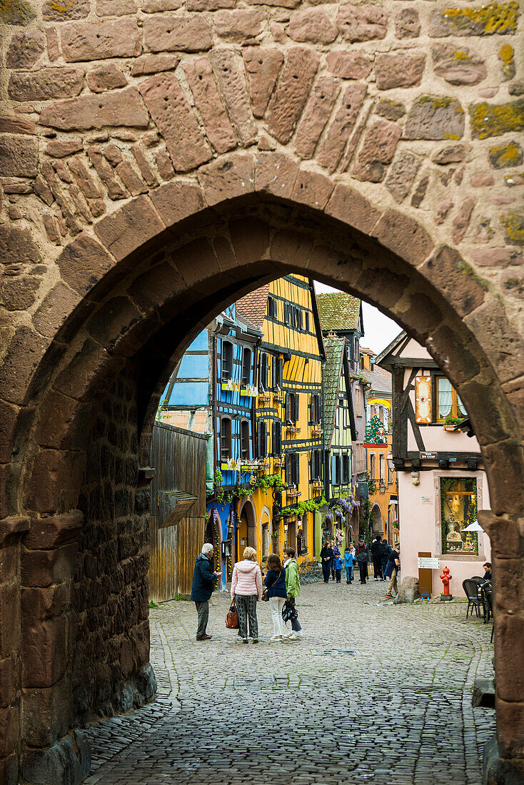 Medieval colorful half-timbered houses, Riquewihr, Grand Est, Haut-Rhin, Alsace, France