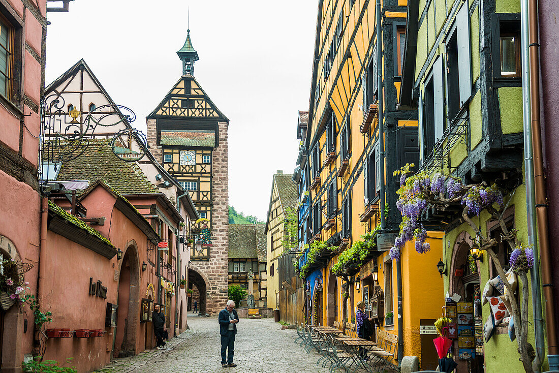 Medieval colorful half-timbered houses, Riquewihr, Grand Est, Haut-Rhin, Alsace, France