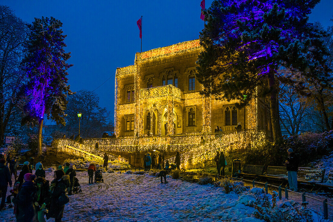 snowy Christmas market, Freiburg im Breisgau, Black Forest, Baden-Württemberg, Germany