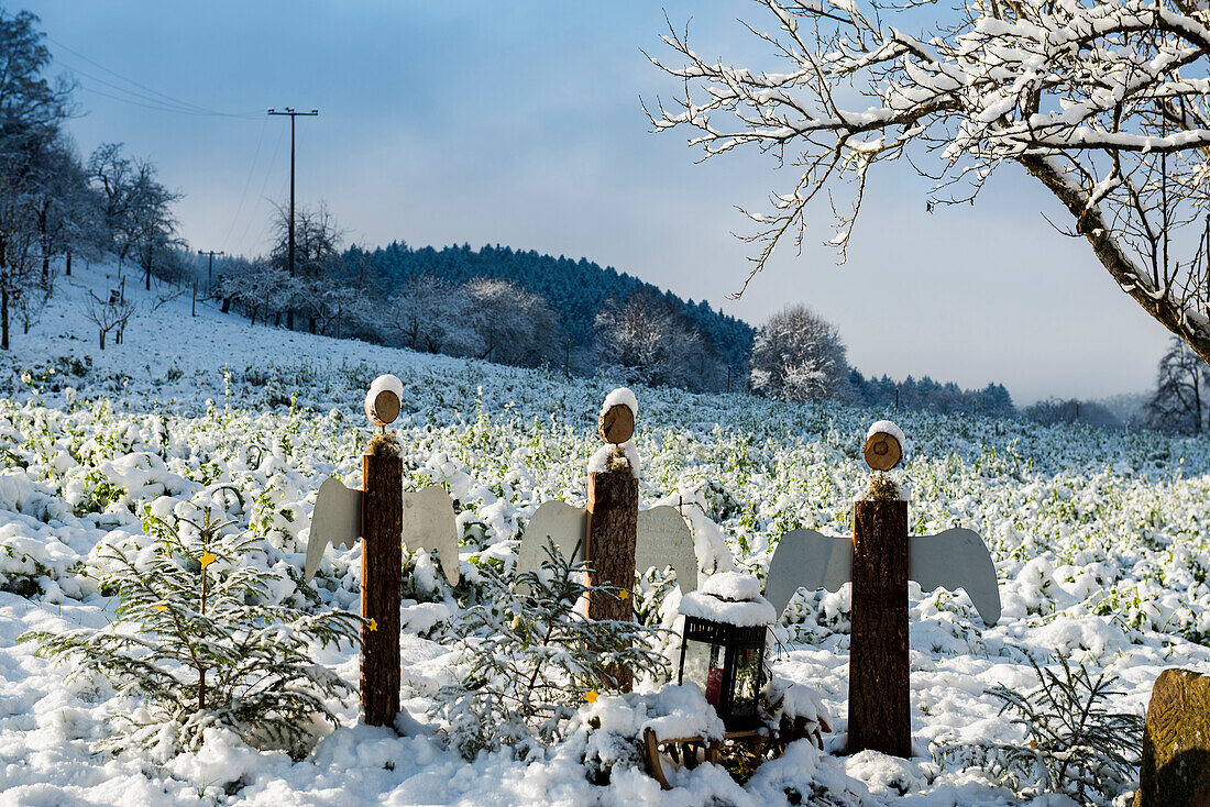 snowy angel figures, Glottertal, Black Forest, Baden-Württemberg, Germany