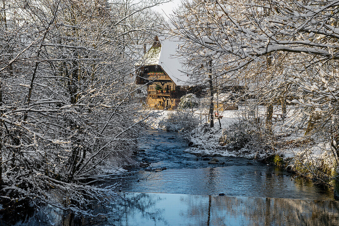 Snow-covered Black Forest courtyard, Fürstenberger Hof local history museum, Unterharmersbach, Black Forest, Baden-Württemberg, Germany