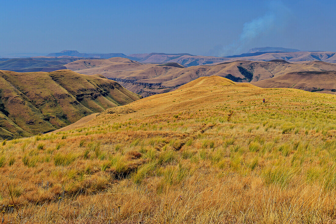 Woman hiking descends from Langalibalele Pass, Langalibalele Pass, Giant's Castle, Drakensberg Mountains, Kwa Zulu Natal, Maloti-Drakensberg UNESCO World Heritage Site, South Africa