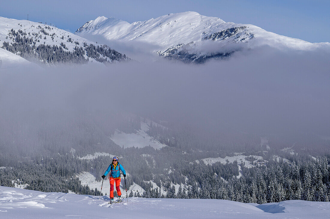 Woman on ski tour ascending to Schönbichl, Schönbichl, Gerlos, Zillertal Alps, Tyrol, Austria