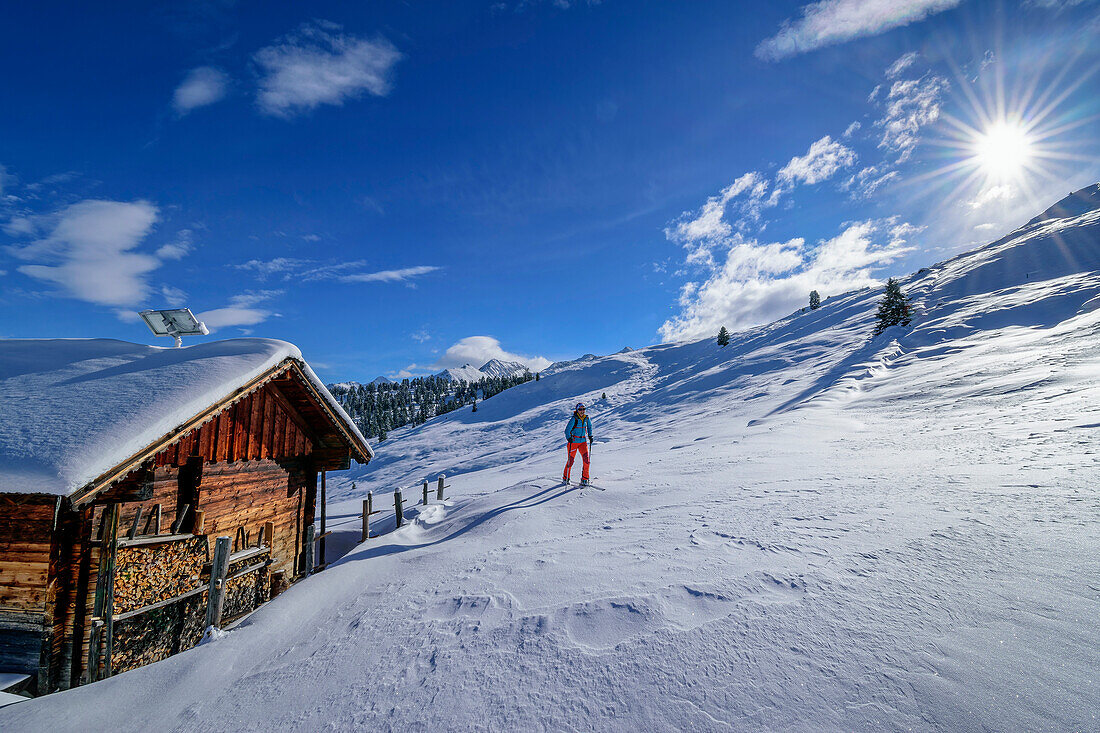 Woman on ski tour ascends past Almhütte to Schönbichl, Schönbichl, Gerlos, Zillertal Alps, Tyrol, Austria