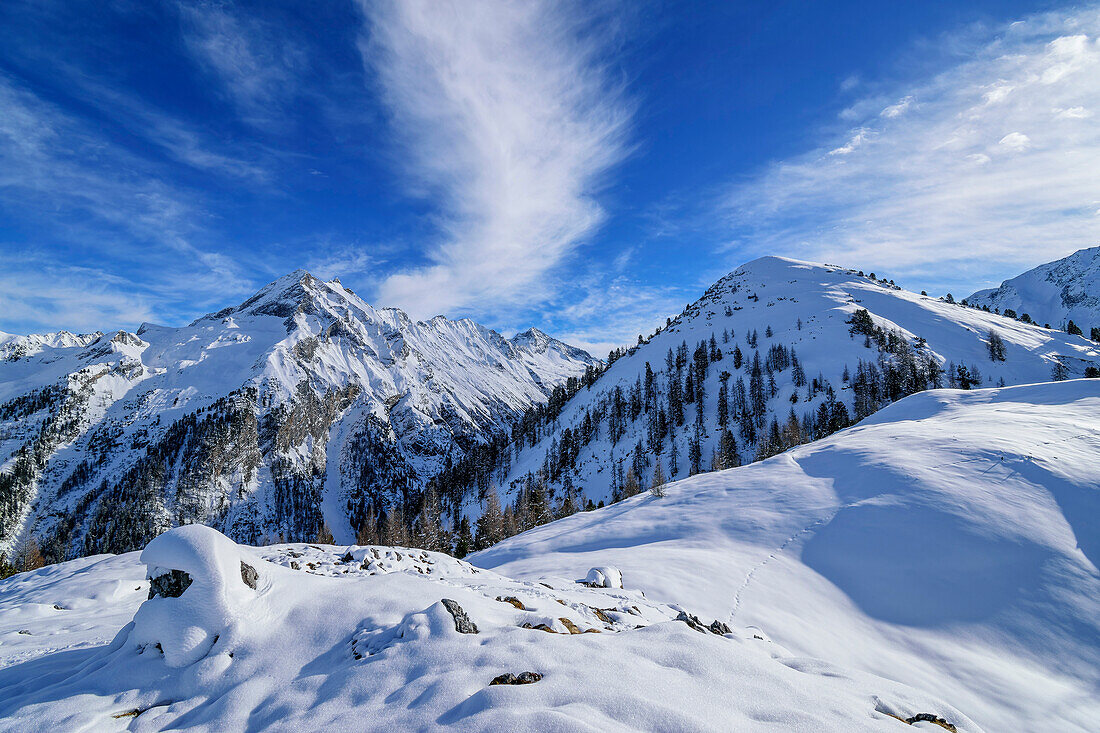 View of Wechselspitze from Roller, Roller, Gerlos, Zillertal Alps, Tyrol, Austria