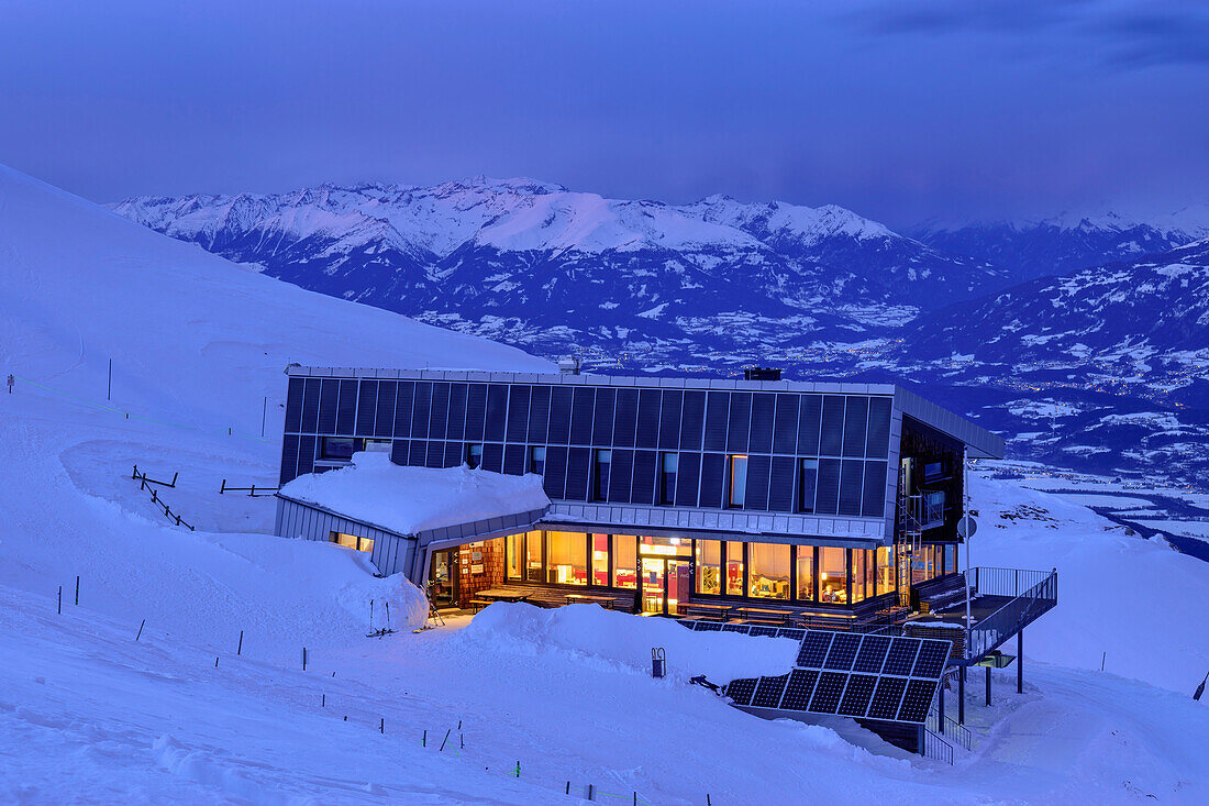 Illuminated Dobratsch summit house, from Dobratsch, Gailtal Alps, Carinthia, Austria