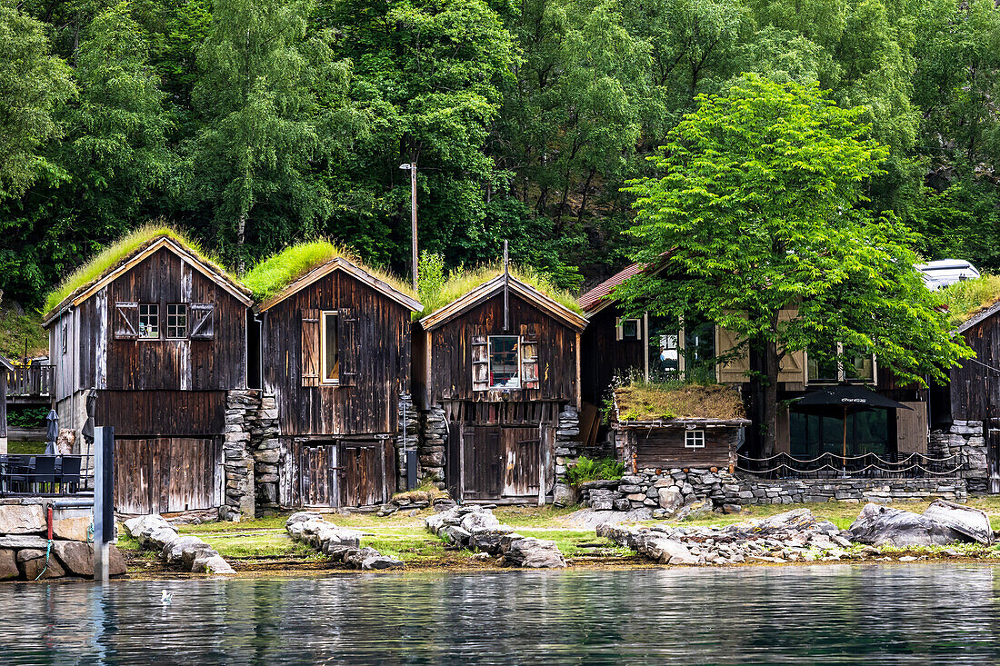 Old boat sheds in Geiranger Harbour, Unesco World Heritage Site, Fjord, Moere and Romsdal