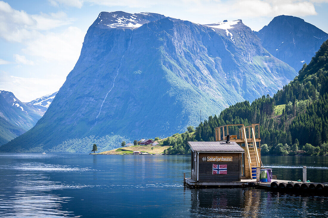 Fjord sauna in the fjord of Saeboe, Oersta municipality, Saeboe-Urke ferry, Hjoerundfjord, Sunnmoere, Norway
