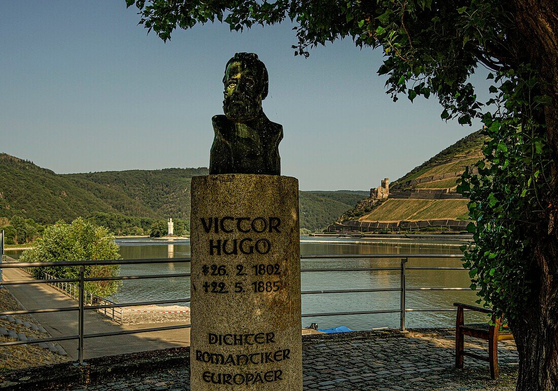 Büste Victor Hugo am Rhein-Nahe-Eck, im Hintergrund Mäuseturm und Burgruine Ehrenfels, Bingen, Oberes Mittelrheintal, Rheinland-Pfalz, Deutschland