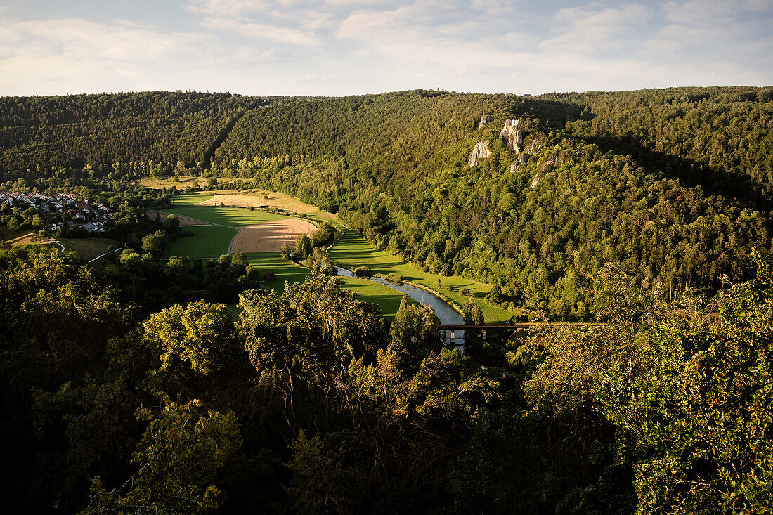 View of Blaubeuren from the Schillerstein, Alb-Donau-Kreis, Swabian Jura, Baden-Wuerttemberg, Germany, Europe